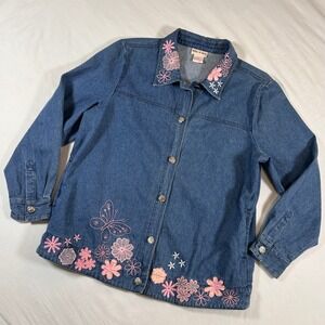 Toffee & Apple Womens L Embroidered Floral Butterfly Denim Jacket Cottagecore